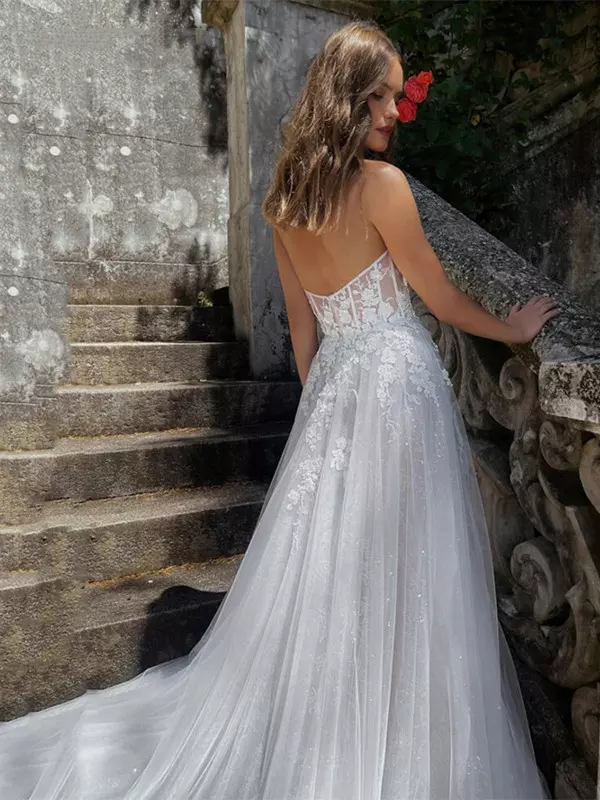 V-Neck Half Sleeves With Train Tulle Bridal Wedding Gowns - Image 4