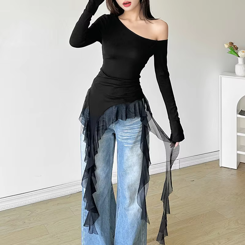 Vintage Blended Patchwork Skew Collar Slim Fit Tops