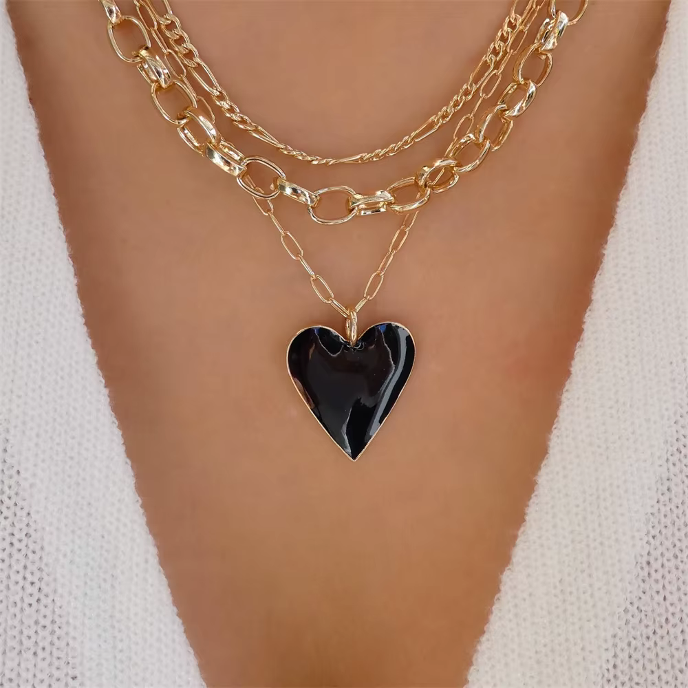 Vintage Gold-plate Punk Multi-level Chain Drop Oil Heart Pendant Necklace