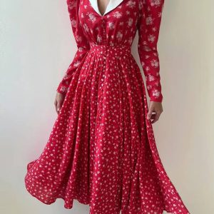 Vintage High Waist Pleated Lapel Long Sleeve Loose Print Maxi Dress