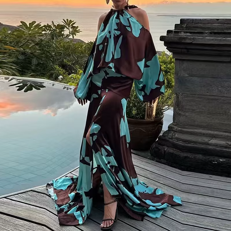 Vintage Hollow Out Shoulder Swing Pattern Printed Waist Bohemian Dress