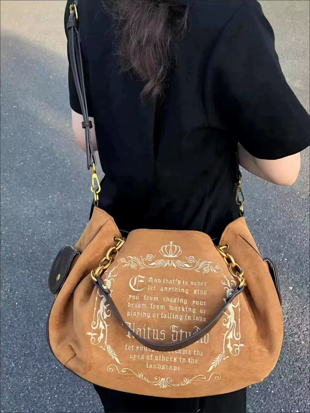 Vintage Letter Gothic Large Capacity Casual Crossbody Tote Bag