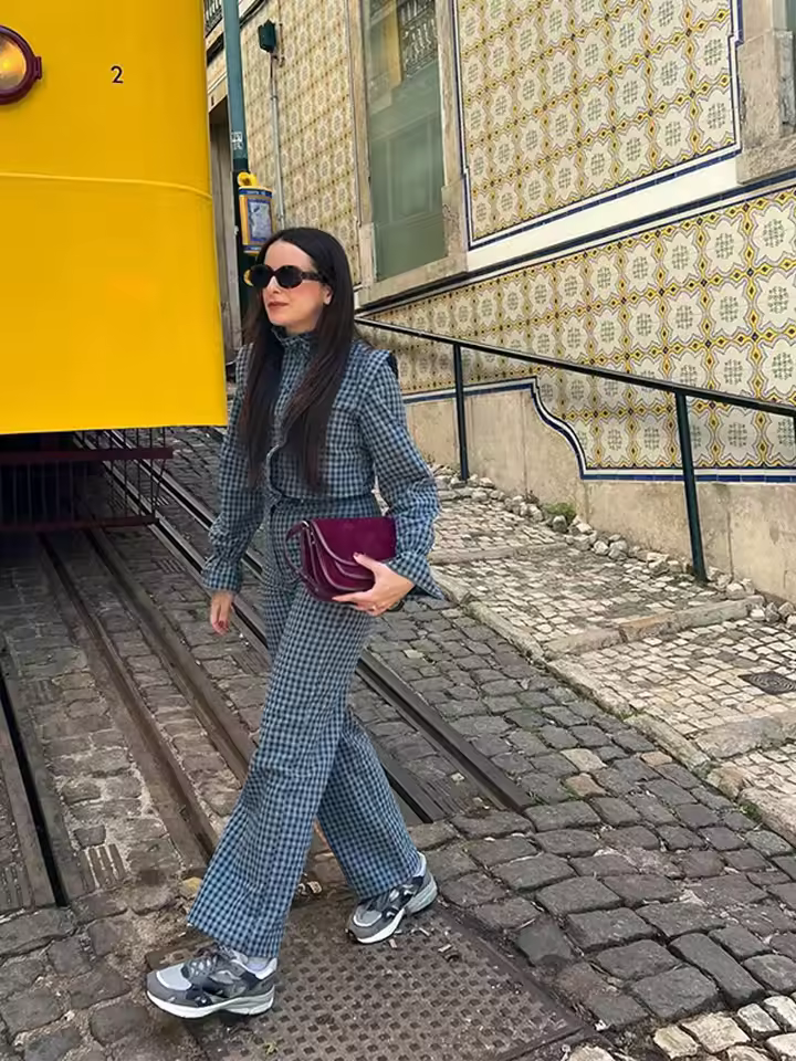 Vintage Plaids Lapel Ruffle Flare Blouses And Straight High Waist Pants Suit