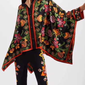 Vintage Print Wide Leg Pants Loose Long Sleeve Shirt Two Piece Set