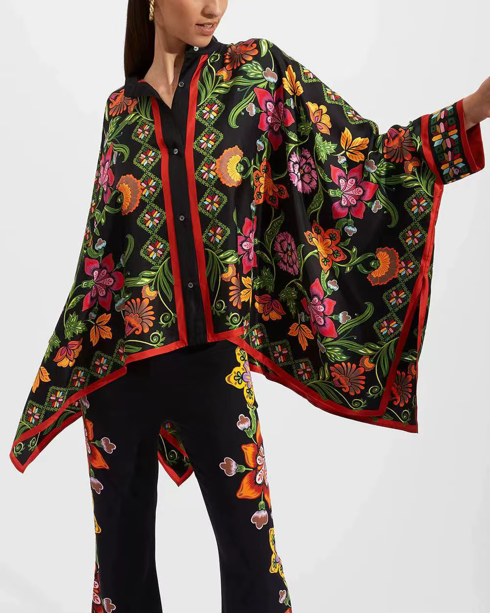 Vintage Print Wide Leg Pants Loose Long Sleeve Shirt Two Piece Set