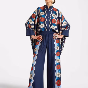 Casual Print Wide Leg Pants Loose Long Sleeve Shirt Two Piece Set