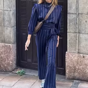 Vintage Single Breasted Lace Up Striped Lapel Top And Pants Striped 2 Piece Sets