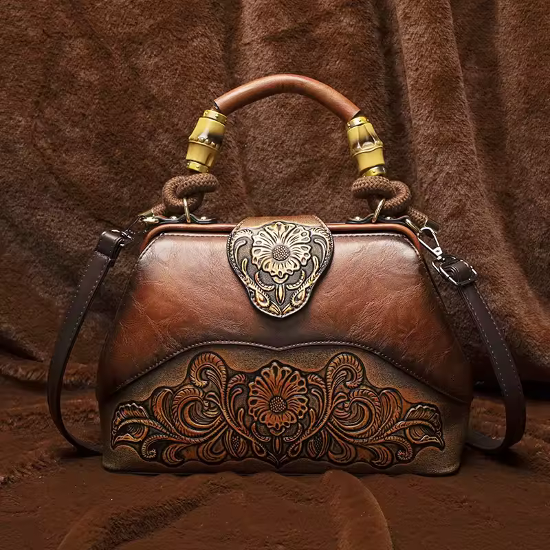 Vintage Style Flower Pattern PU Material Shoulder Bag - Image 5