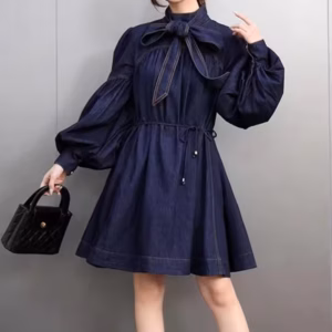 Vintage Turtleneck Lace-up Lantern Sleeve Denim Mini Dress