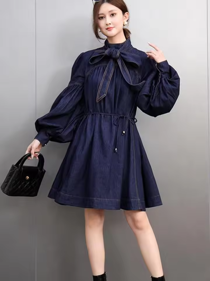 Vintage Turtleneck Lace-up Lantern Sleeve Denim Mini Dress