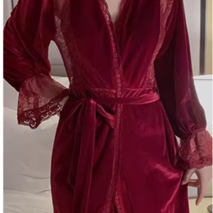 Velvet Lace Splicing Pajamas Night Suit Robe Nightgown