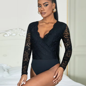 Casual Mesh Brushed Lace Long Sleeve V-neck Bodysuits
