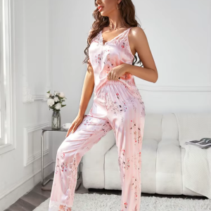 Floral Print Lace Trim Satin Long Pants Pajamas Sleepwear