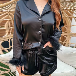 Fashion Satin Feather Cuffs Shorts Set Nightdress