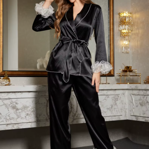 Fashion Short Robe Cardigan Trouser Suit Pajamas Set