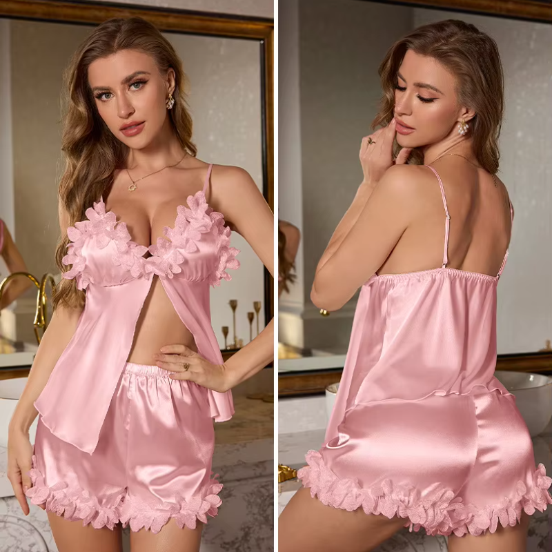 Patchwork Lace Strap Top Shorts Nightwear Pajamas Suit - Image 13