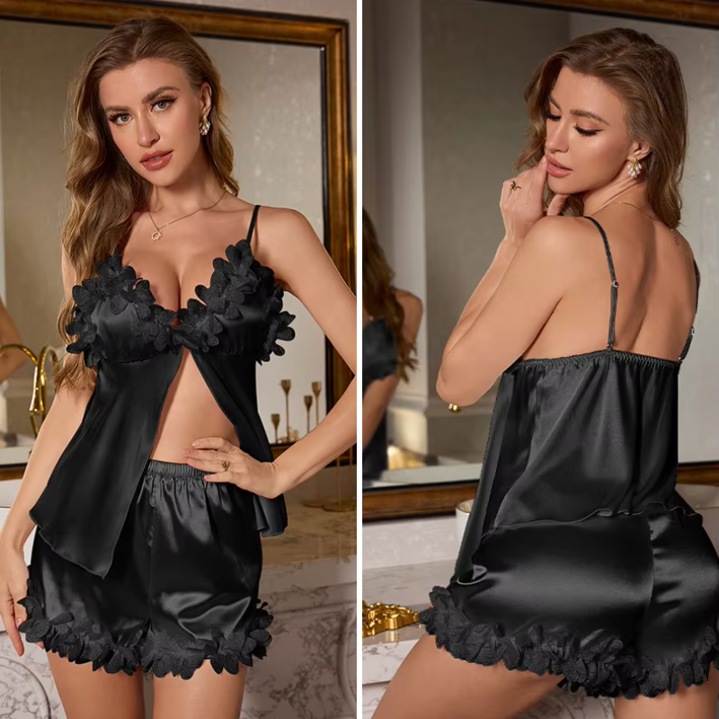 Patchwork Lace Strap Top Shorts Nightwear Pajamas Suit - Image 10