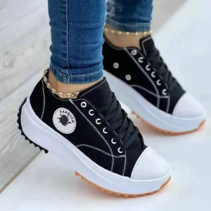 Casual Solid Pattern Canvas Lace-Up Flat Sneakers Shoes