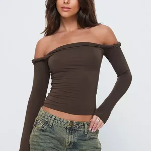 Elegant Bateau Off-shoulder Solid Color Long Sleeve T-shirt