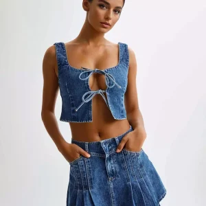 Casual Front Tie Crop Top And Mini Skirt Denim Two Piece Set