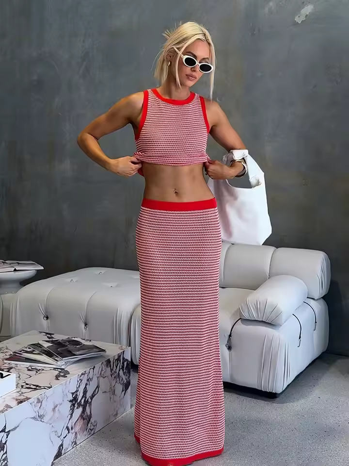 Casual Hook hollow Knit Striped High Waist Skirt And Crop Top Two Pieces Set - Image 2