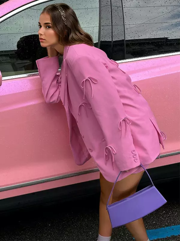 Casual Bow Tie Solid Color Long Sleeve Oversized Jacket - Image 2