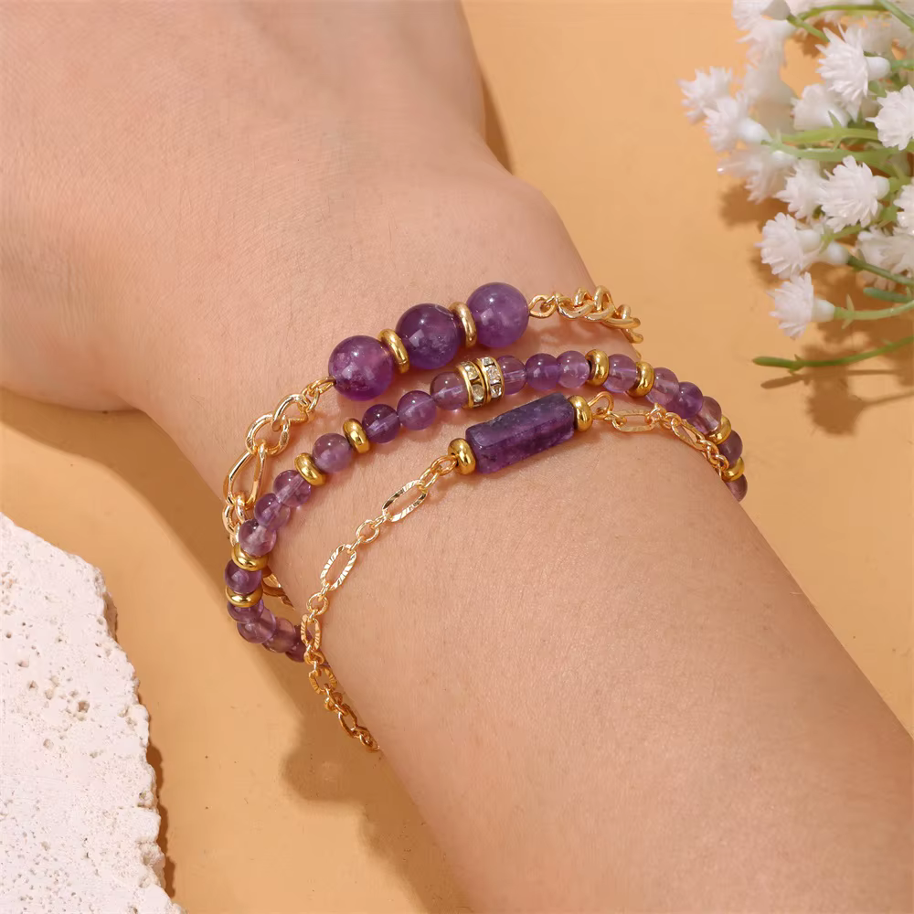 3pcs Rose Quart Natural Stone Amethysts Beads Chain Bracelet Set