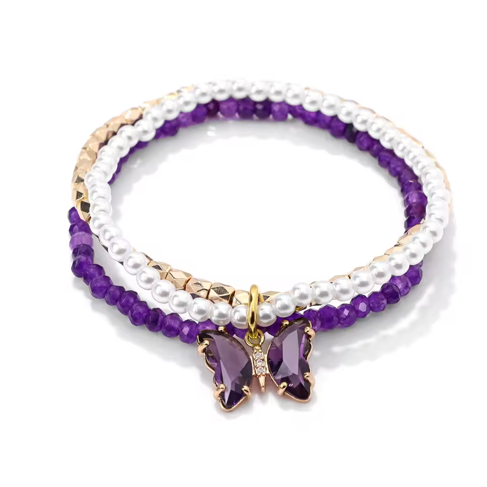 3pcs set Shining Crystal Butterfly Charm Pearl Gold Color Beads Bracelet Set - Image 2