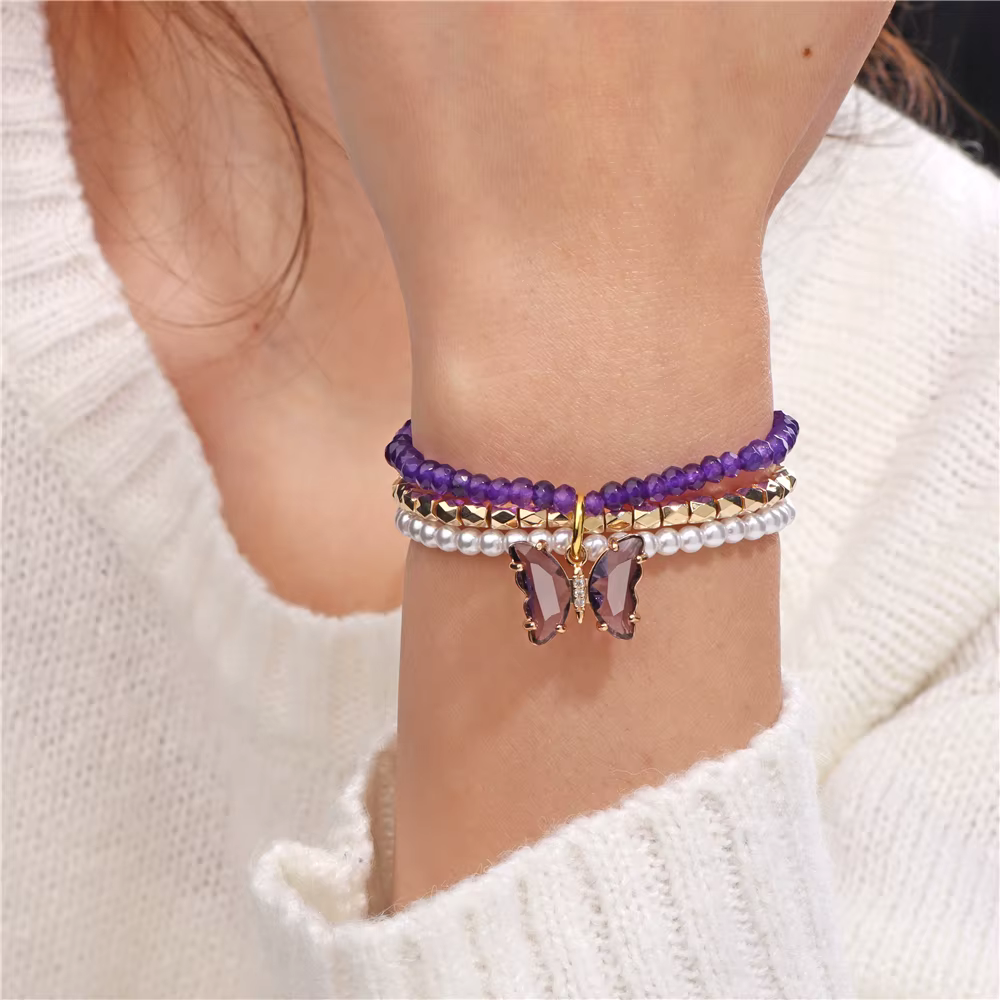 3pcs set Shining Crystal Butterfly Charm Pearl Gold Color Beads Bracelet Set