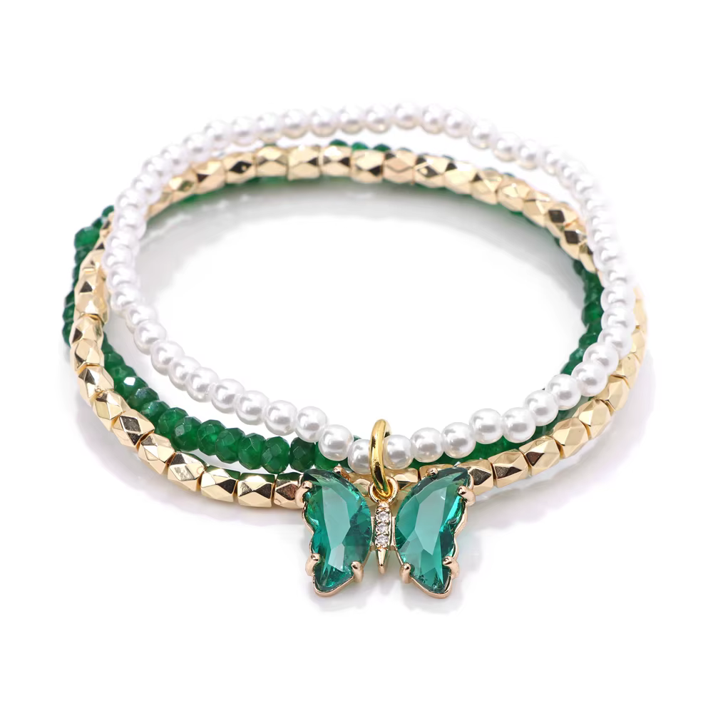 3pcs set Shining Crystal Butterfly Charm Pearl Gold Color Beads Bracelet Set - Image 4