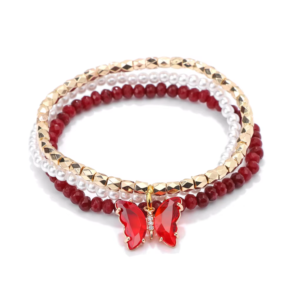 3pcs set Shining Crystal Butterfly Charm Pearl Gold Color Beads Bracelet Set - Image 5