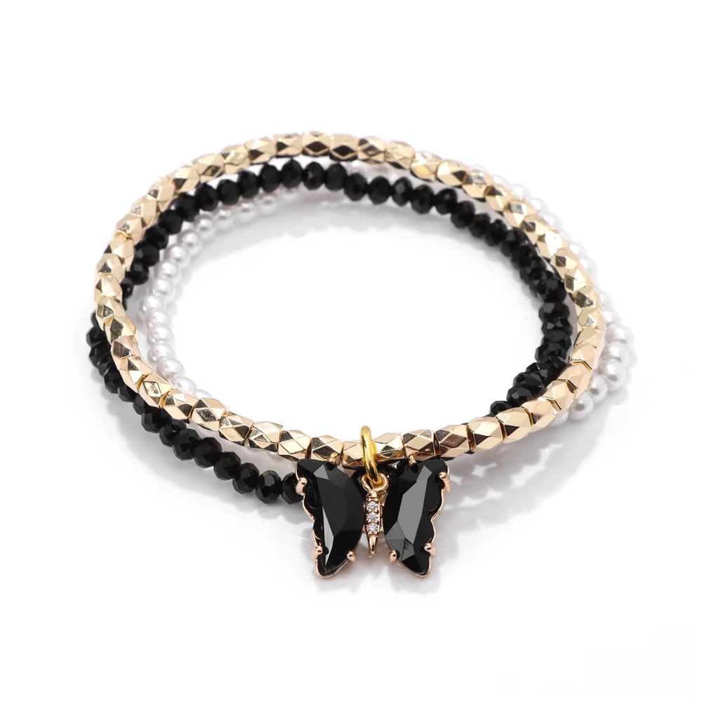 3pcs set Shining Crystal Butterfly Charm Pearl Gold Color Beads Bracelet Set - Image 7