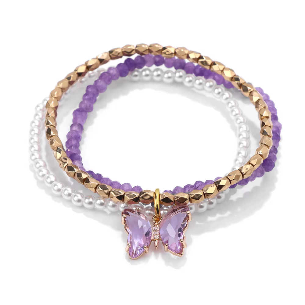 3pcs set Shining Crystal Butterfly Charm Pearl Gold Color Beads Bracelet Set - Image 3