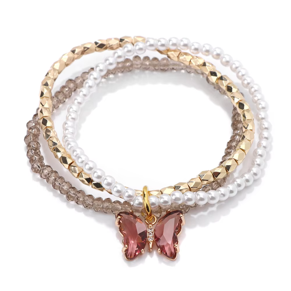 3pcs set Shining Crystal Butterfly Charm Pearl Gold Color Beads Bracelet Set - Image 6