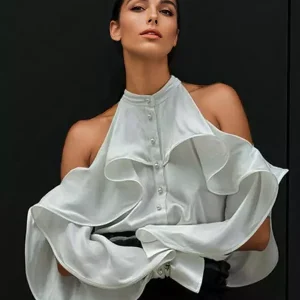 Elegant Pearl Button Open Shoulder Sleeve Ruffled Blouse