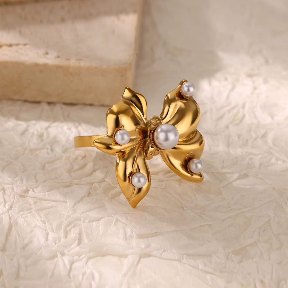 Bow Imitation Pearl Stainless Steel Wedding Party Opening Ring - Image 2