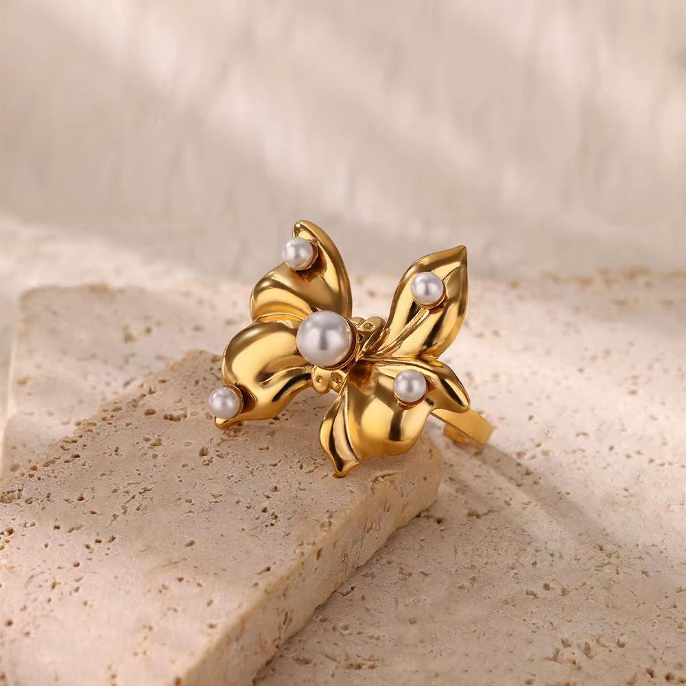 Bow Imitation Pearl Stainless Steel Wedding Party Opening Ring - Image 3