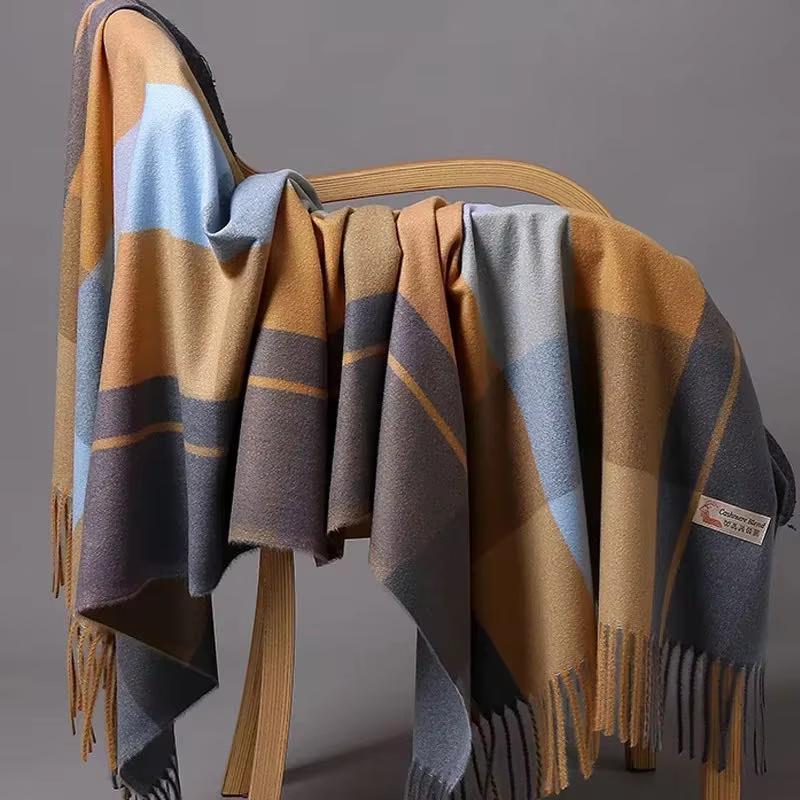 Cashmere Plaid Thick Fringe Outdoor Large Wool Shawls Blanket - Image 9