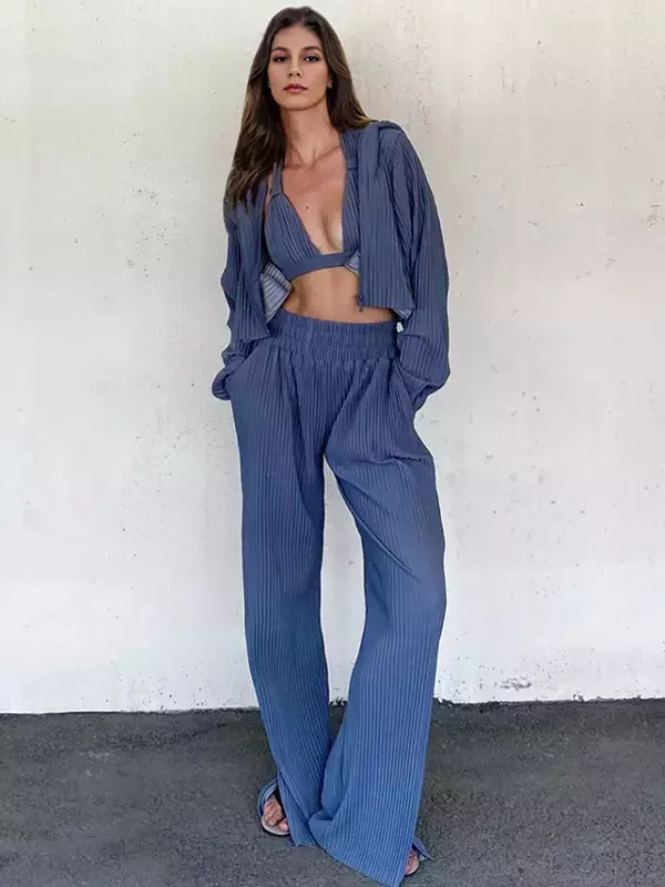 Casual Three Piece Set Hooded Tracksuit And Bra And Pants