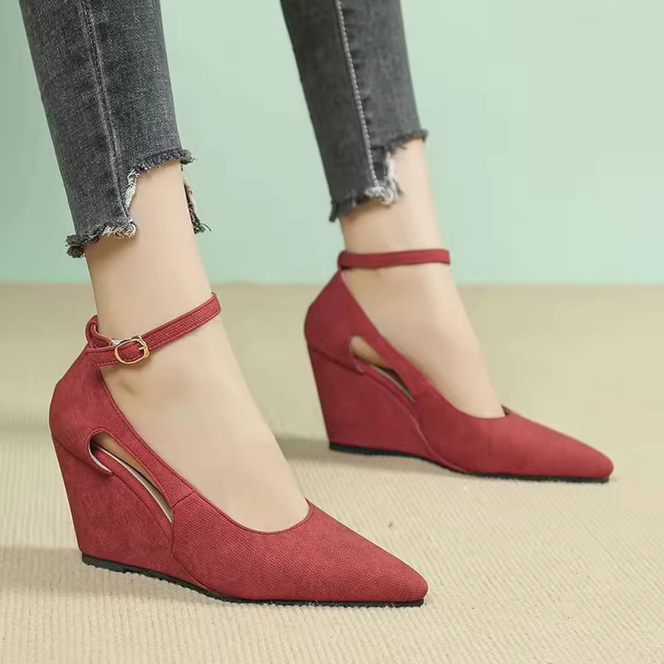 Casual Ankle Buckle Strap Pointed Toe Wedges Pumps High Heels