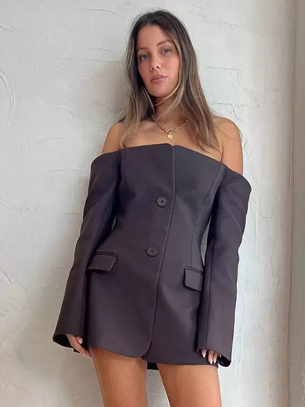 Casual Bateau Neck Backless Buttons Long Sleeves Daily Mini Blazer Dresses - Image 7