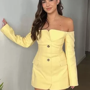 Casual Bateau Neck Backless Buttons Long Sleeves Daily Mini Blazer Dresses