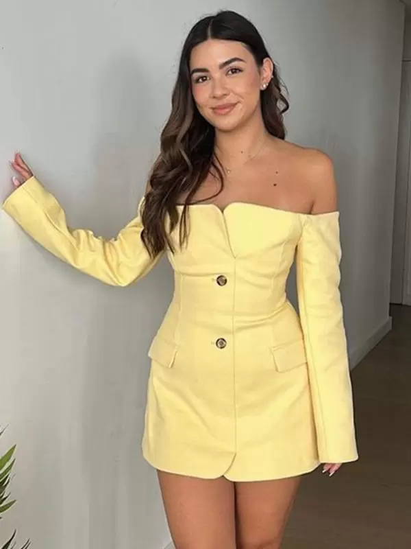 Casual Bateau Neck Backless Buttons Long Sleeves Daily Mini Blazer Dresses