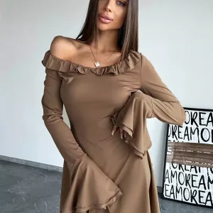 Casual Bell Sleeve Crew Neck Ruffled Skater Mini Dress