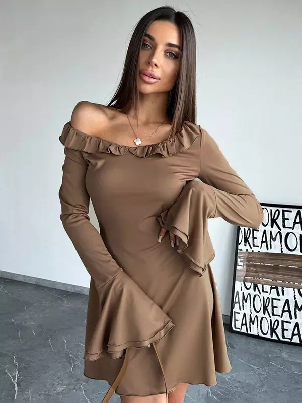 Casual Bell Sleeve Crew Neck Ruffled Skater Mini Dress