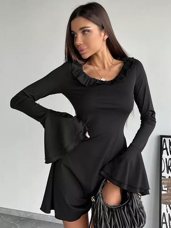 Casual Bell Sleeve Crew Neck Ruffled Skater Mini Dress - Image 3