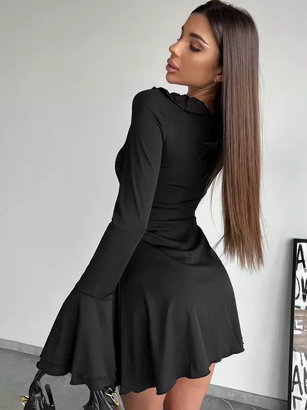 Casual Bell Sleeve Crew Neck Ruffled Skater Mini Dress - Image 4