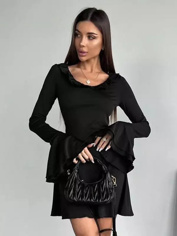 Casual Bell Sleeve Crew Neck Ruffled Skater Mini Dress - Image 5