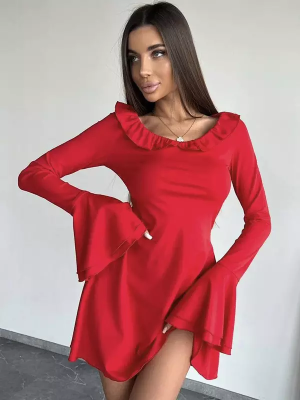 Casual Bell Sleeve Crew Neck Ruffled Skater Mini Dress - Image 6