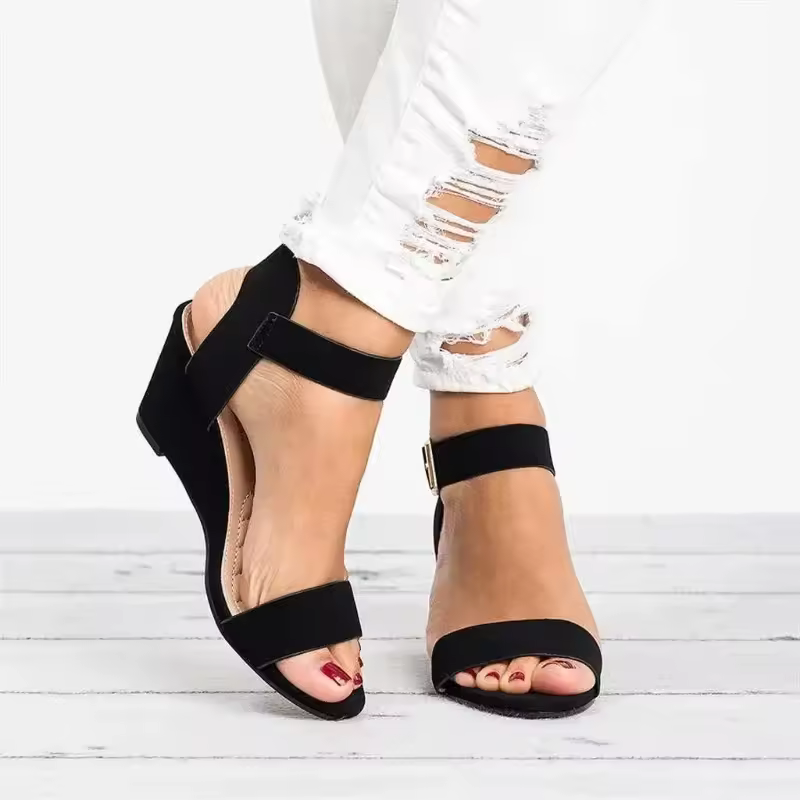 Casual Buckle Open Toe Wedge Ankle-Wrap Flannel Sandals - Image 2